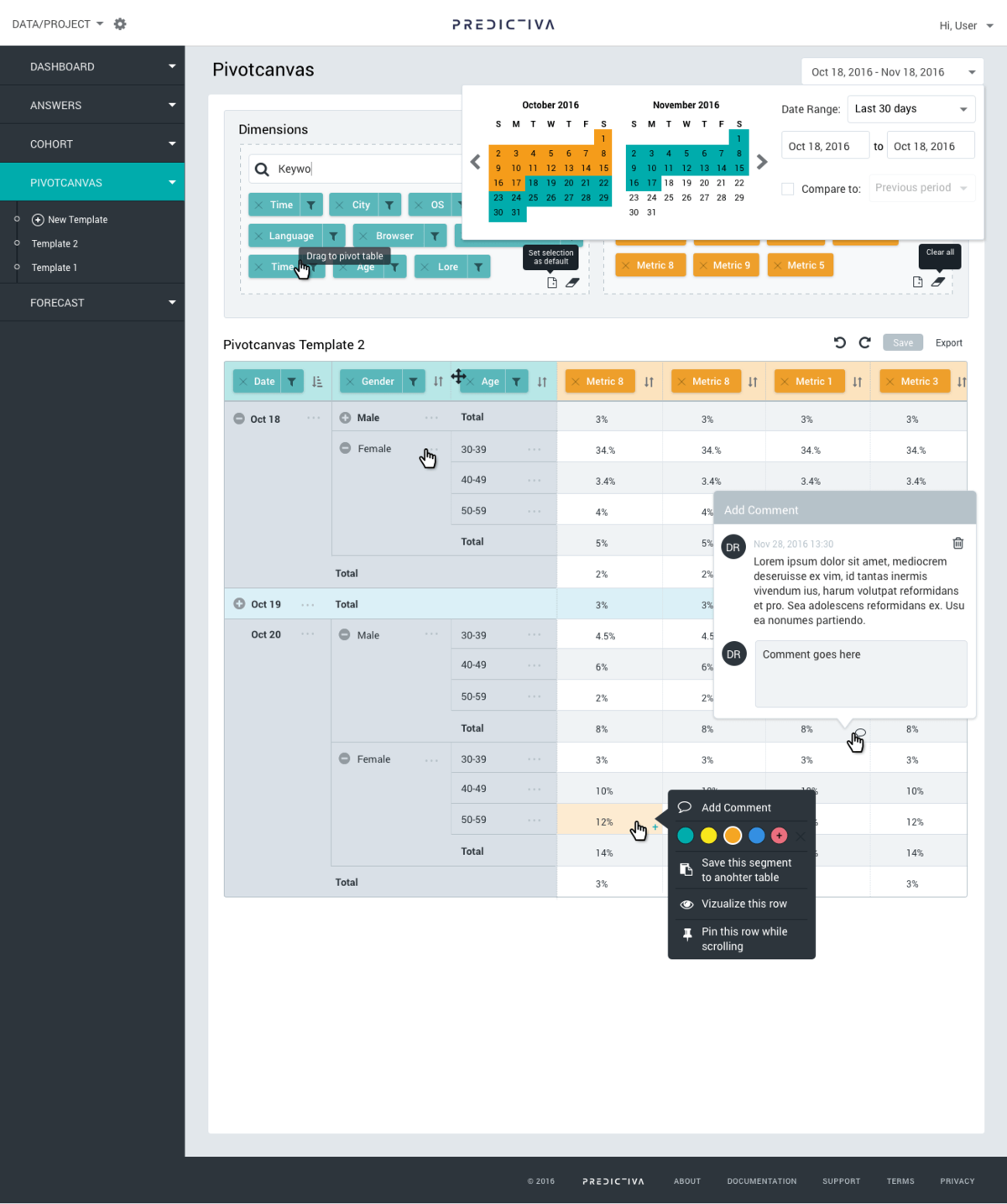 Pivot table with custom dimensions and metrics selector. Also possible to add a comment, save the segment to another table etc