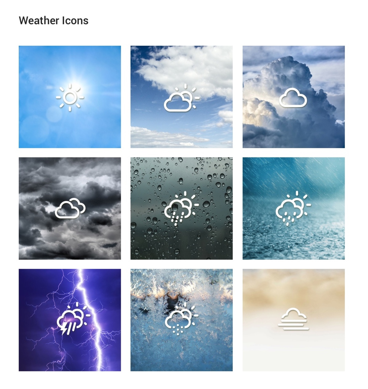 A set of linear icons for wether forecast against the photo of the weather for each icon