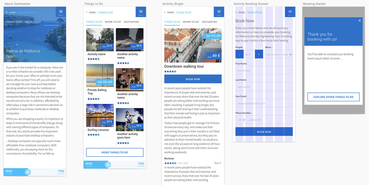 Screenshot of several screen designs for about the destination, things to do and where to eat, booking process and booking success screen.