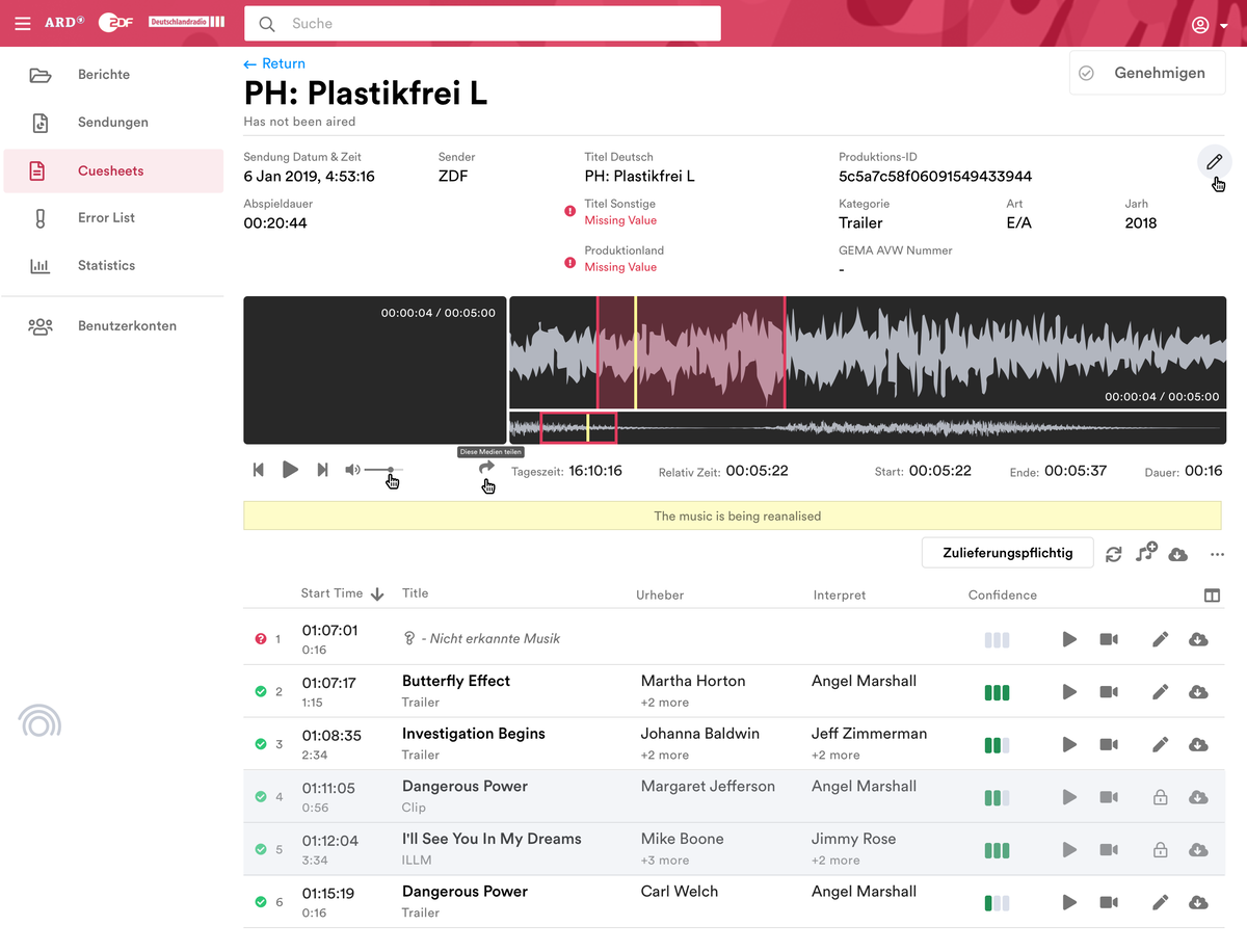 An audio player and a list of songs with flagged missing content to be manually identified