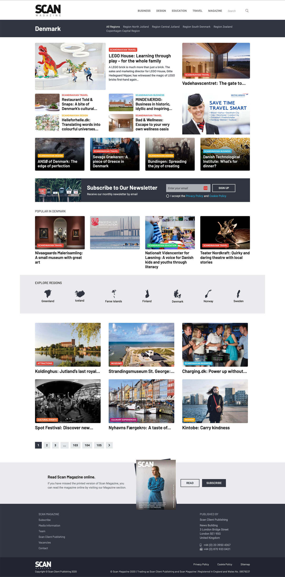 Regions page showing categorized articles from the region