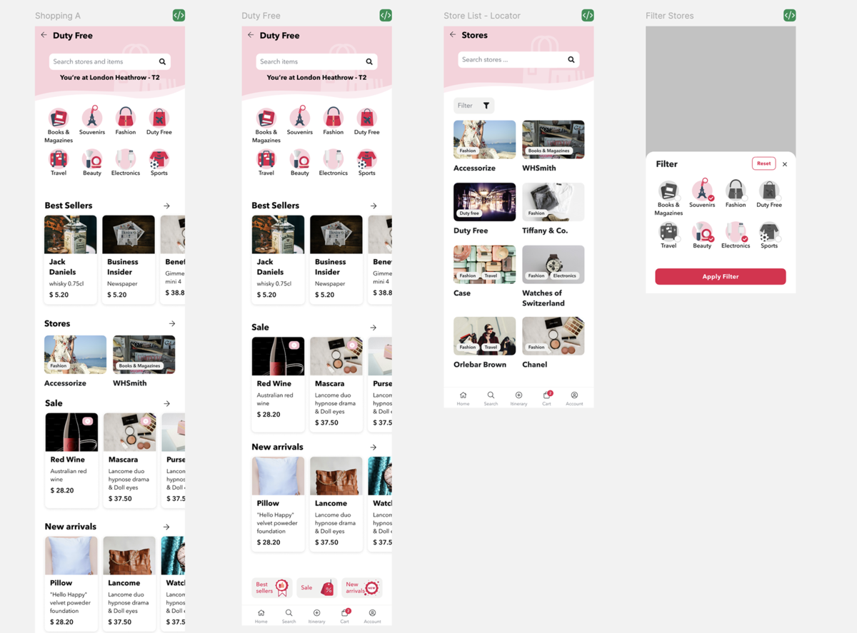 A set of screens for duty free module - with filter by category, best sellers, stores, items on sale, best arrivals.