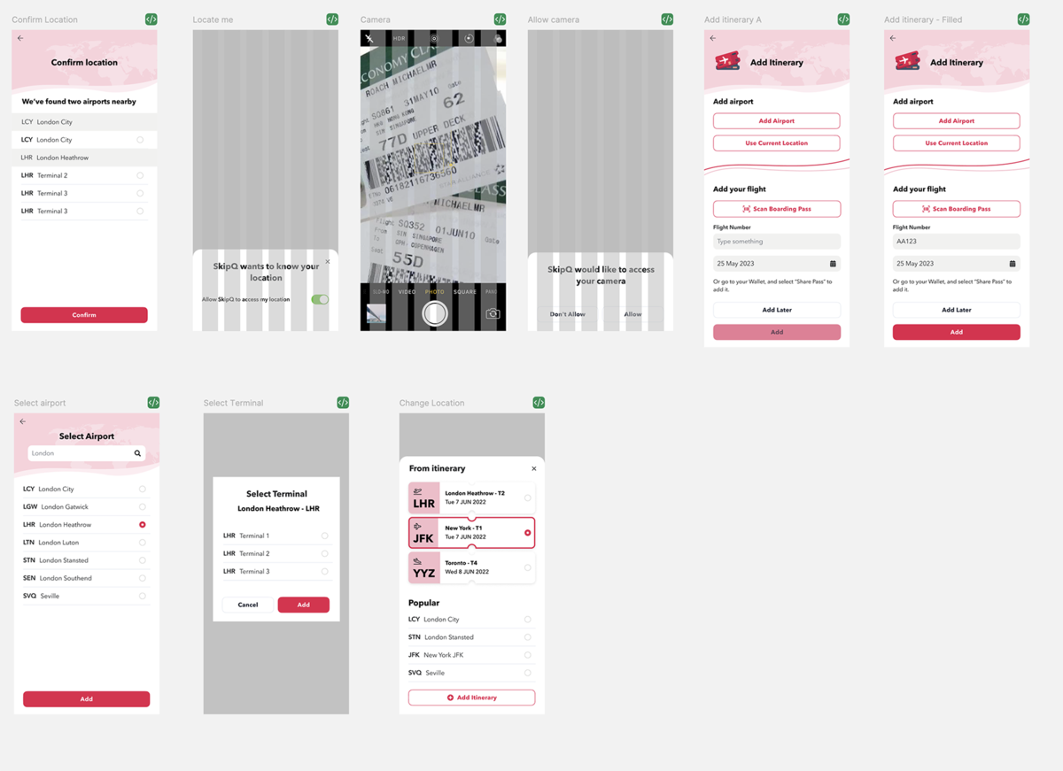The process of getting user's airport adding an itinerary or selecting the location by scanning the boarding pass, adding a flight number and date, searching for the airport manually and confirming the terminal.