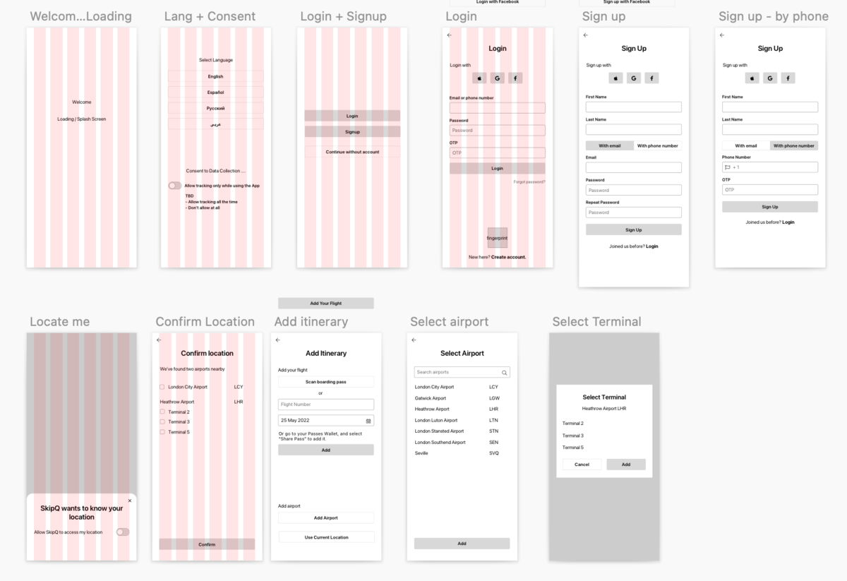 First wireframes for sign-up process and adding an itinerary (by scanning your boarding pass, adding a flight number and date, or simply adding an airport or current location)
