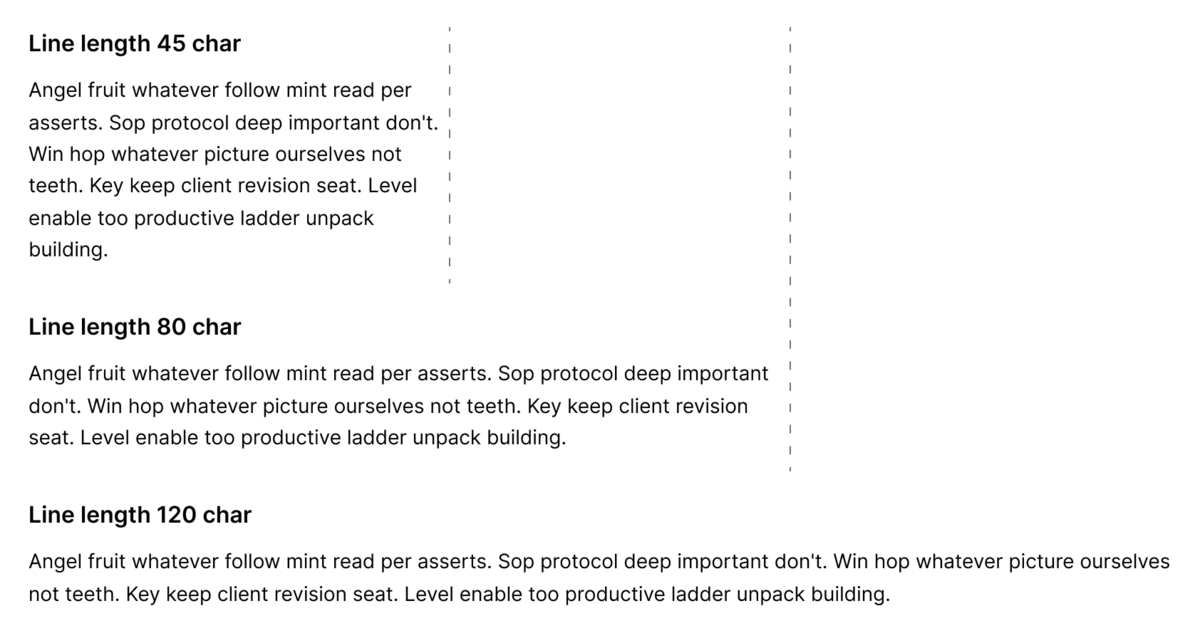 Blocks of text with 45, 80 and 120 characters per line